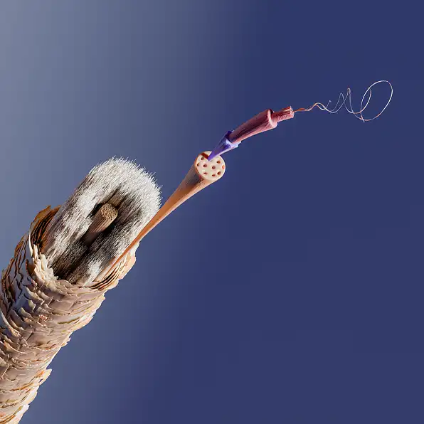 Detailed cross-section of a hair, blue background